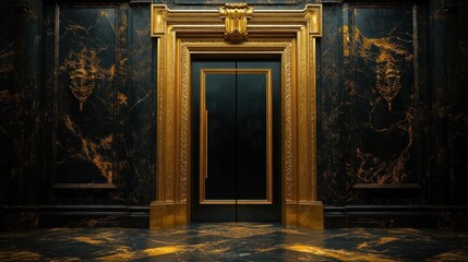 Fototapeta premium Ornate gold framed black door in a dark marble hallway.