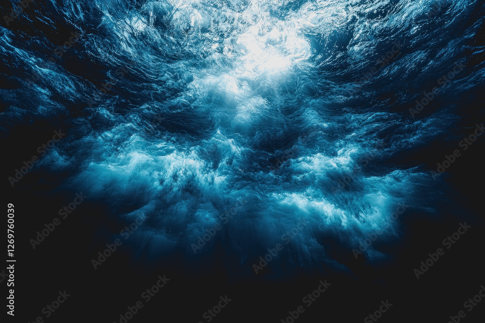 Poster blue water splash on a black background creating dynamic visual effects and texture