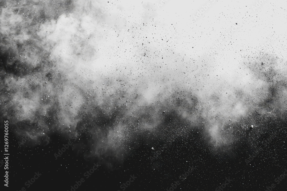 Poster black and white image featuring a textured background filled with fine dust particles and scattered 