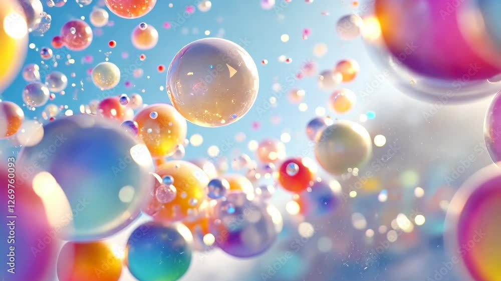 Poster colorful bubbles floating in bright sky with soft clouds during a sunny day creating a dreamy atmosp