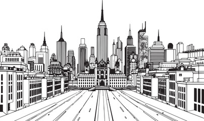 Fototapeta premium City landscape. Different buildings on street, outline cityscape hand sketch, flat houses. Hand drawn vector illustration