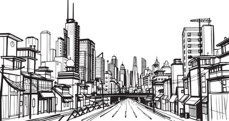Fototapeta premium City landscape. Different buildings on street, outline cityscape hand sketch, flat houses. Hand drawn vector illustration