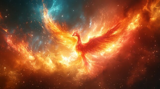 Abstract digital artwork of a phoenix materializing from destroyed cyber networks