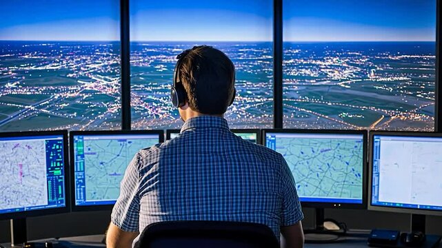 Air traffic controller monitoring city at night