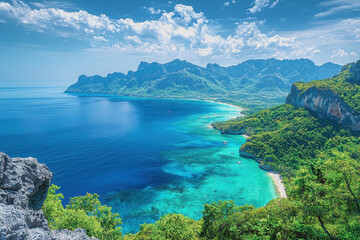 Obraz premium Scenic view of a tranquil beach with gentle waves and a distant mountain landscape under clear blue sky