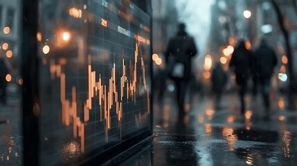 Financial Charts Reflecting on Wet Sidewalk with Blurred Pedestrians at Night