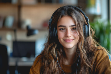 Woman with headphones looking at the camera in a studio setting with a neutral background