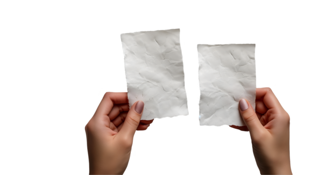 Textured Paper Mockup Hands Holding Blank Sheets, Grey Background for Design Layouts, isolated on transparent background.