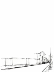 abstract city background sketch with street, wall and buildings and blank white area vector illustration