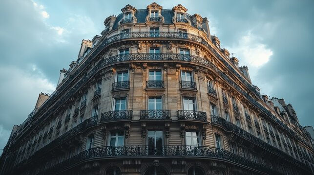 Parisian apartment building, sunset, city architecture, travel photography