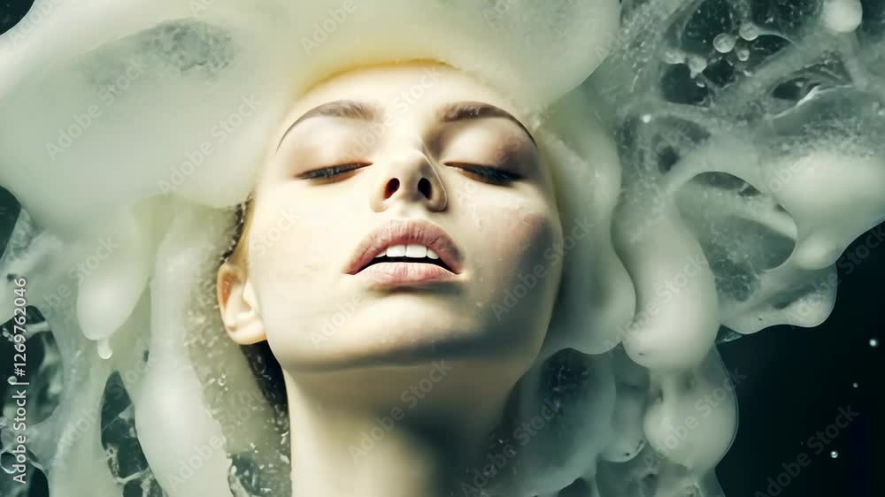 Poster unveiling beauty through intricate foam creation in a serene underwater setting