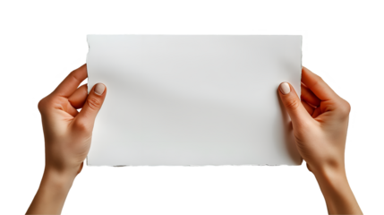Hands Holding Paper Stylish Minimalist Mockup, Elegant Design for Notes and Cards, isolated on transparent background.