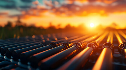 Obraz premium Close Up Pipeline Rows Reflecting Golden Sunset Over Green Field in Countryside