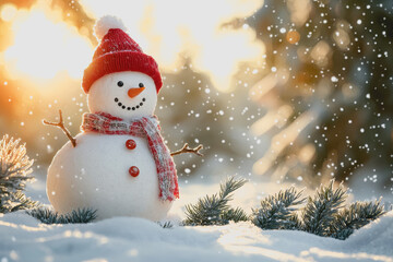 Snowman wearing a red hat and scarf in a winter landscape with snow-covered ground and trees