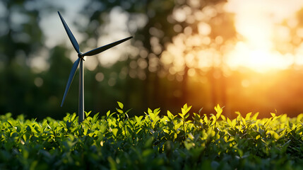 Close Up Wind Turbine in Green Field at Sunset for Renewable Energy Production
