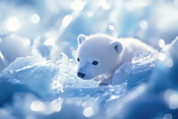Adorable polar bear cub rests on icy terrain, a symbol of Arctic beauty and fragility.