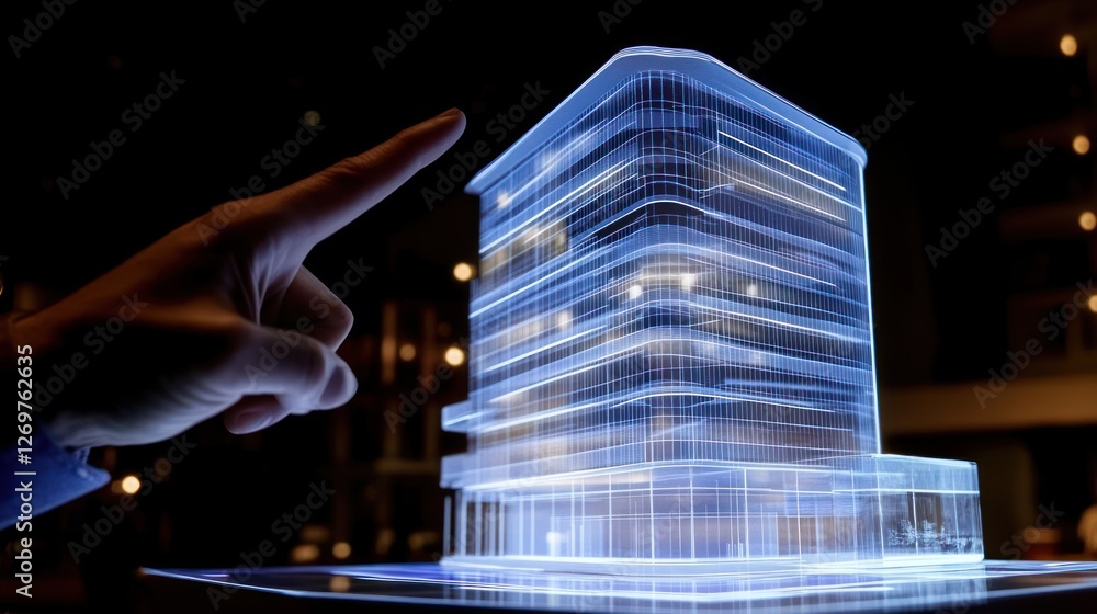 Poster architectural model being examined by a person pointing towards it
