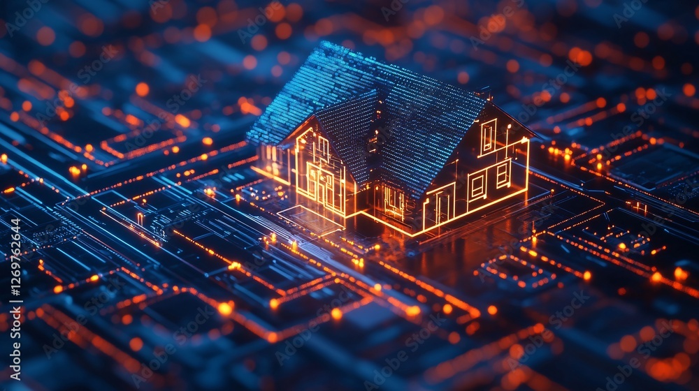 Aufkleber a digital house model illuminated within a network of glowing circuits, symbolizing the concept of s