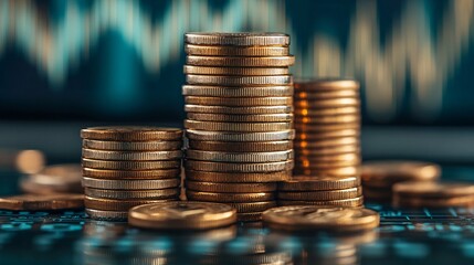 A close-up of stacked coins against a blurred financial chart background, symbolizing wealth accumulation and investment opportunities.