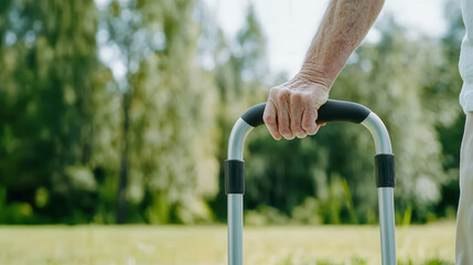 elderly person holding walker in sunny park, showcasing support and mobility