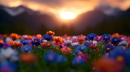 Obraz premium Colorful Wildflower Meadow with Mountain Backdrop at Warm Sunset