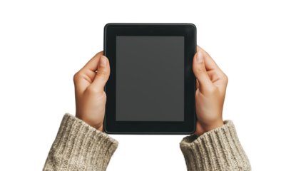 Woman Holding Tablet Modern Black Device, Blank Screen for App and Gadget Displays, isolated on transparent background.