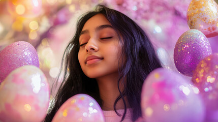Fototapeta premium Whimsical Easter scene with a 12-year-old smiling Black girl and pastel eggs