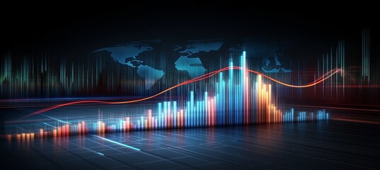 Global Stock Market Chart, Candlestick Graph with Upward Trend Line, Financial Data Visualization