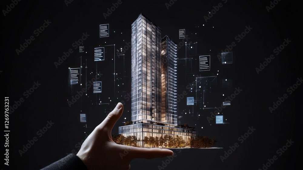 Poster A modern building model is held within an augmented reality space