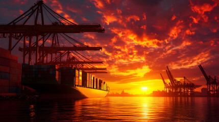 Obraz premium Container Ship at Port Silhouetted Against Fiery Sunset Sky with Cranes and Water Reflections