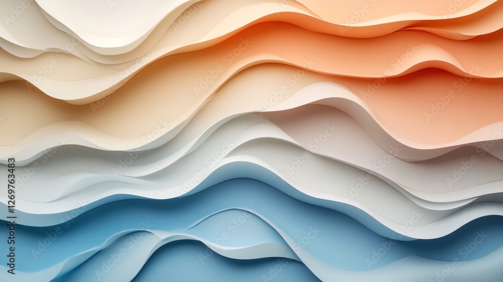 Poster a visually appealing arrangement of wavy layers in soft pastel colors, creating a sense of depth and