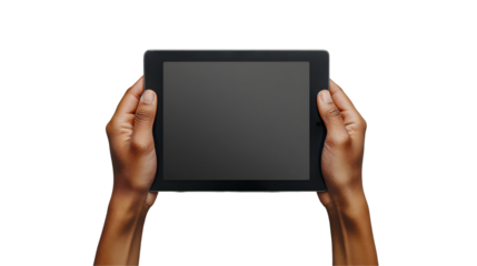 Hands Holding Tablet Modern Black Device, Blank Screen for Tech and App Design, isolated on transparent background.