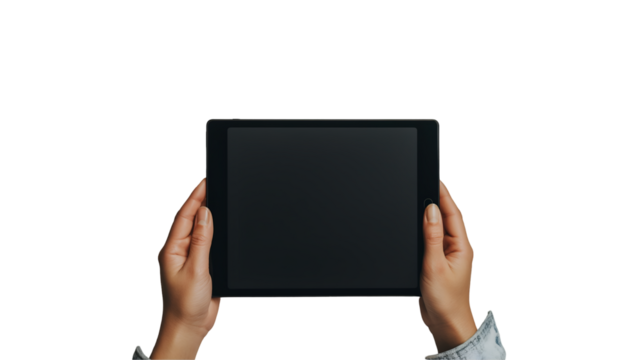 Tablet with Plants Minimalist Workspace, Flatlay Design for Home and Office, isolated on transparent background.