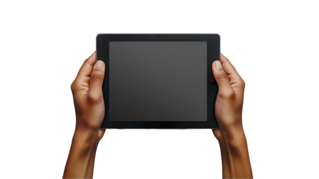 Hands Holding Tablet Modern Black Device, Blank Screen for Tech and App Design, isolated on transparent background.