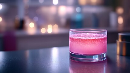 Pink Sparkling Drink in Glass on Dark Surface with Warm Background