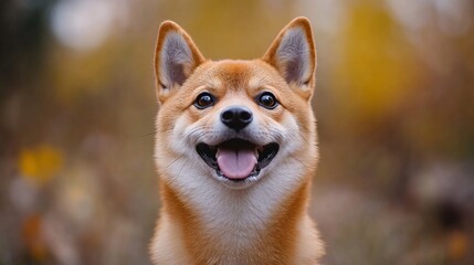 A cheerful Shiba Inu dog with a smiling expression, set against a blurred autumn background, radiating warmth and playfulness.
