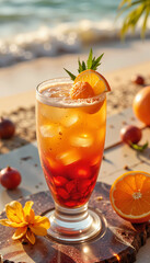 Artisanal sorrel drink served on tropical beach at golden hour, refreshment