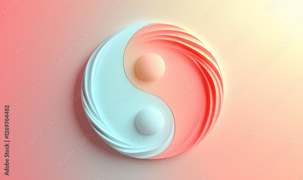 Poster a stylized yin-yang symbol with soft gradients and spherical elements, representing balance and harm