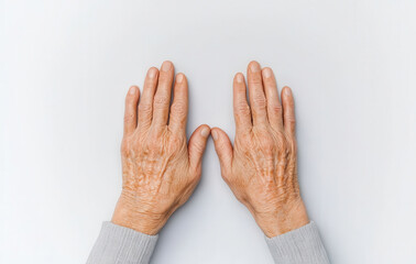 Elderly hands resting on white surface, showing age and experience