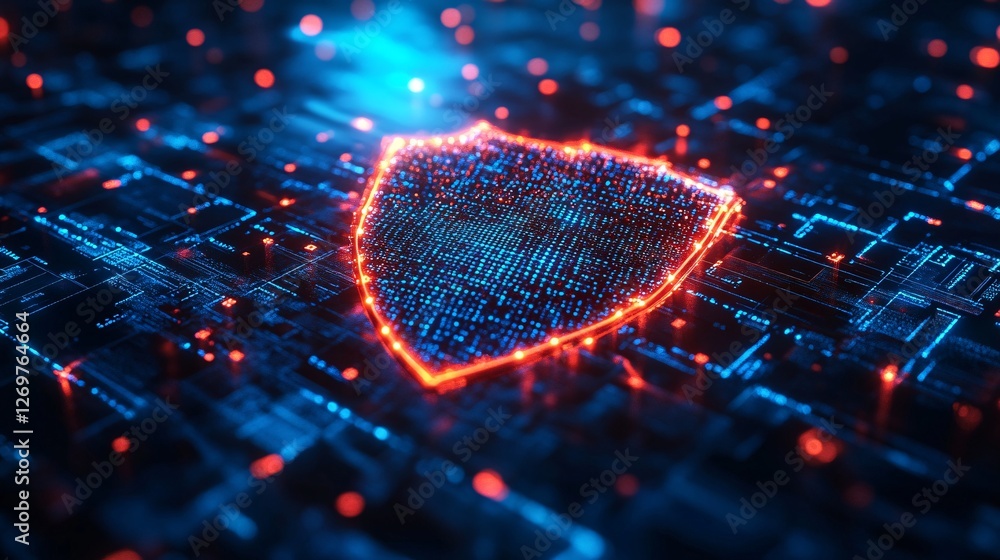 Poster a glowing digital shield symbolizing cybersecurity on a vibrant, futuristic background filled with d