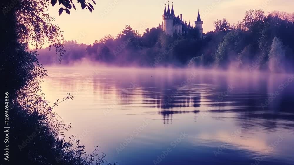 Poster misty dawn view of a castle by the river with reflections and lush trees in the background