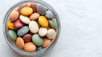 Colorful Candy Stones in Glass Jar on White Background