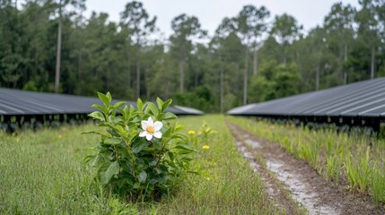Flower field pathway amidst solar panels
