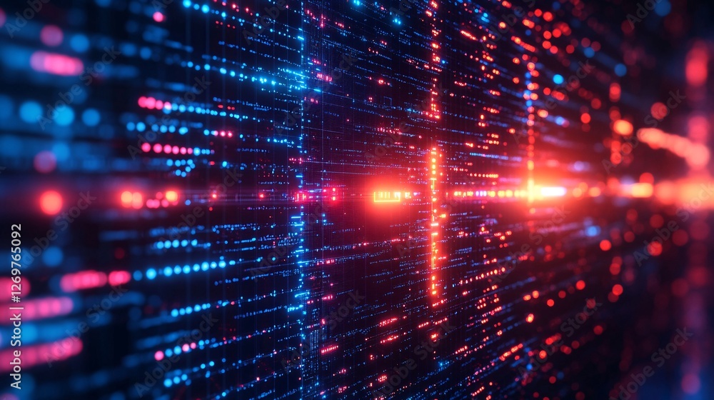 Poster a vibrant digital landscape featuring illuminated data streams in blue and red, representing technol