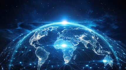 A digital representation of Earth connected by glowing lines and nodes in space.