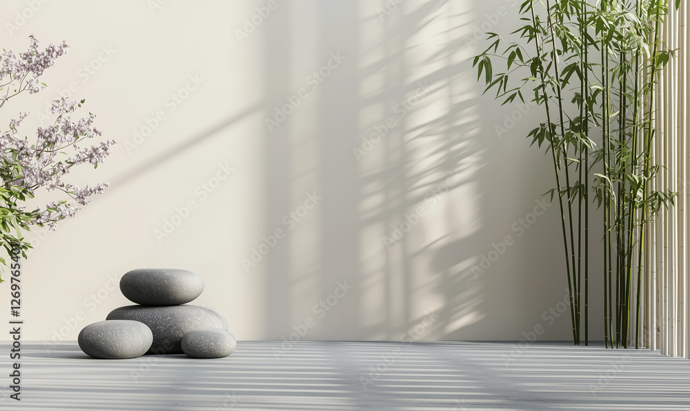 Poster a serene space featuring stones and bamboo with soft light and shadows on a minimalistic wall.
