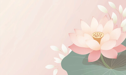 A serene pink lotus flower surrounded by soft leaves on a gentle backdrop.