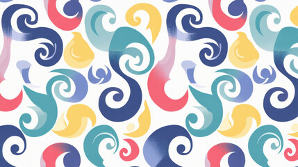 Baroque inspired swirls in rich and decorative pattern with vibrant colors of blue, red, yellow, and teal on white background, creating elegant and artistic seamless design