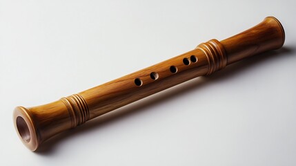 Naklejka premium Classic wooden recorder resting flat on a white background emphasizing its smooth body and finger holes