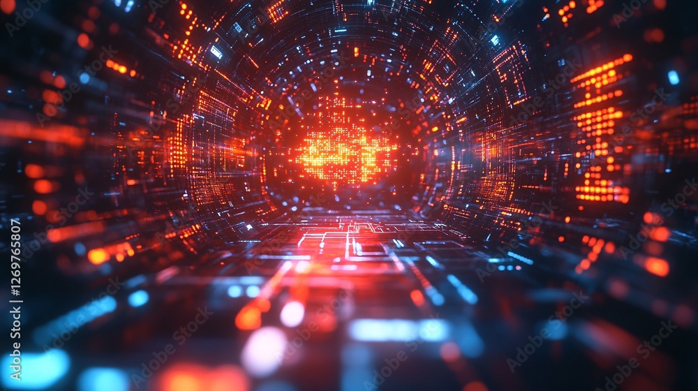 Aufkleber a vibrant digital tunnel filled with glowing blue and red circuits, creating a futuristic and immers
